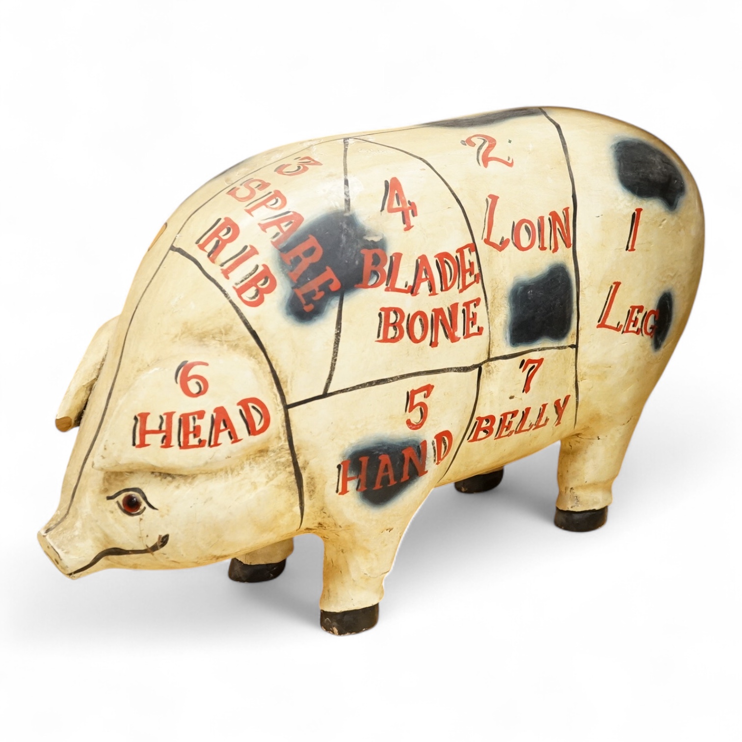 A painted wood butcher’s pig display model, inscribed Hutton’s for Pork and with examples of various cuts of meat to one side, 58cm wide